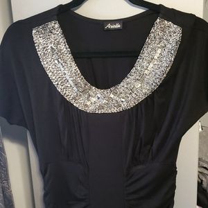 black mini t-shirt dress with ruching. Sequined neck line stretchy material Sz S